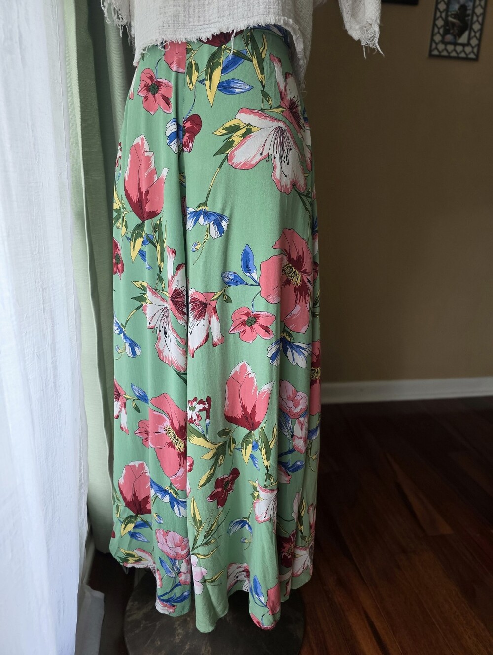 Green Tropical Floral Wide Leg Palazzo Pants Rayon Resort Vacation Large Aloha